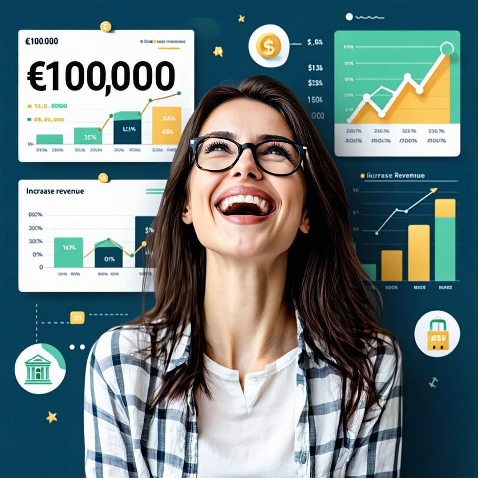 image of a woman happy with bank figures at 100000 and graphs showing increase in revenue and profits-1